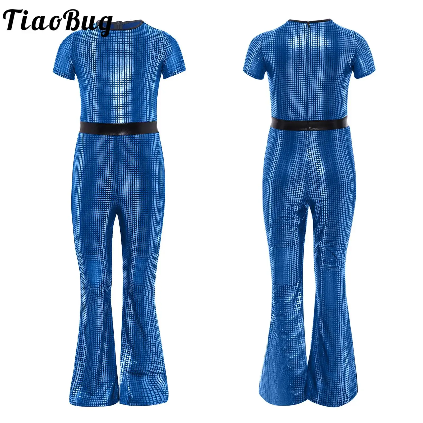 

Kid Girls Jazz Dance Performance Costume Ballroom Dancewear Metallic Bell-Bottom Jumpsuit Short Sleeve Zipper Full Body Leotard