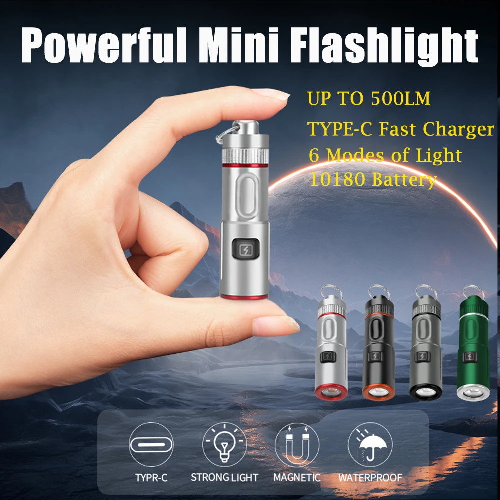 

Mini Keychain Flashlight USB Rechargeable LED Pocket Torch with Necklace Portable 6 Lighting Modes Camping Emergency Lantern