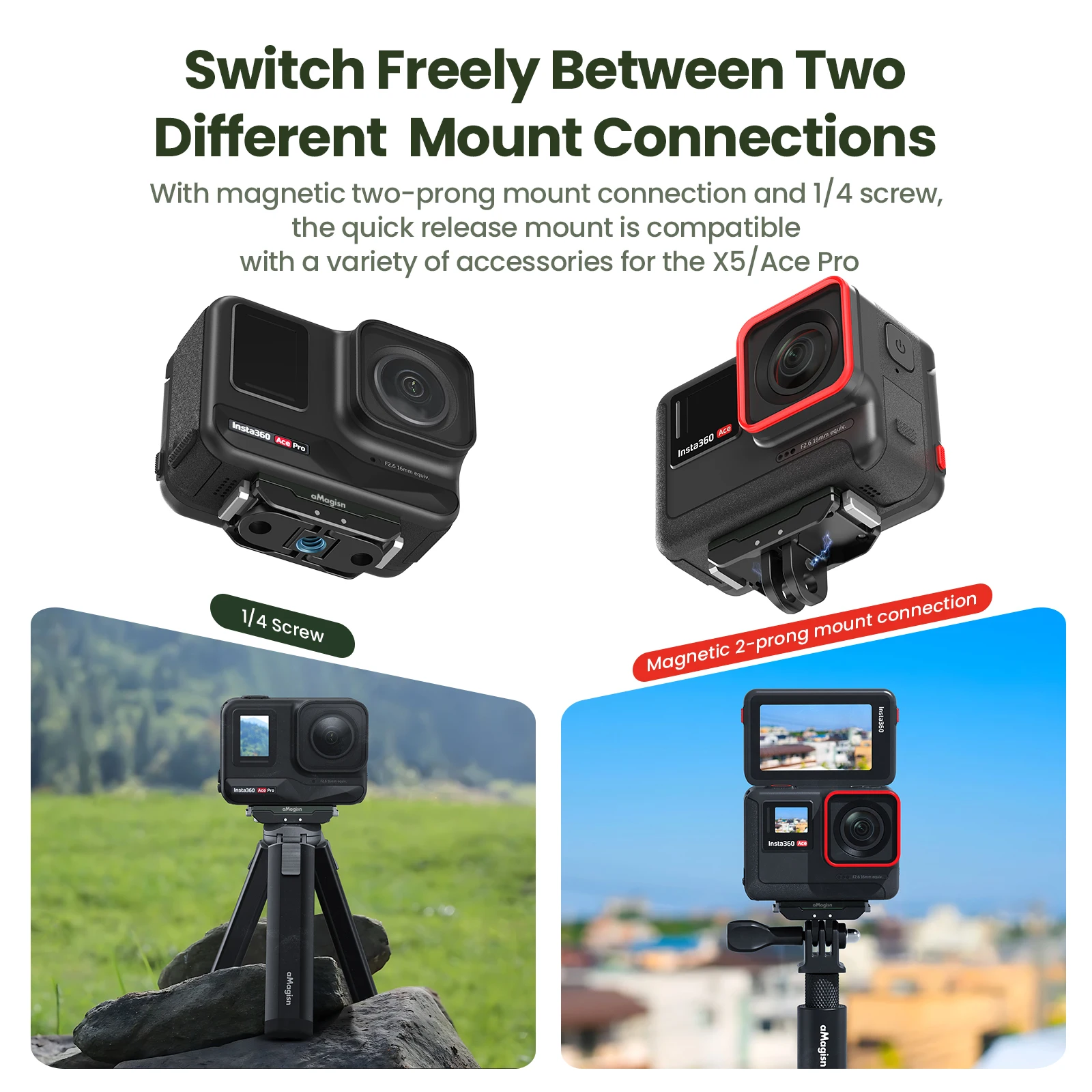 Uchwyt szybkiego montażu aMagisn do Insta360 X6 X5 / X4 Air / Ace Pro 2, metalowa podstawa magnetyczna z akcesoriami do kamery z gwintem 1/4″ i 2-zębny uchwyt. — zdjęcie produktu 3