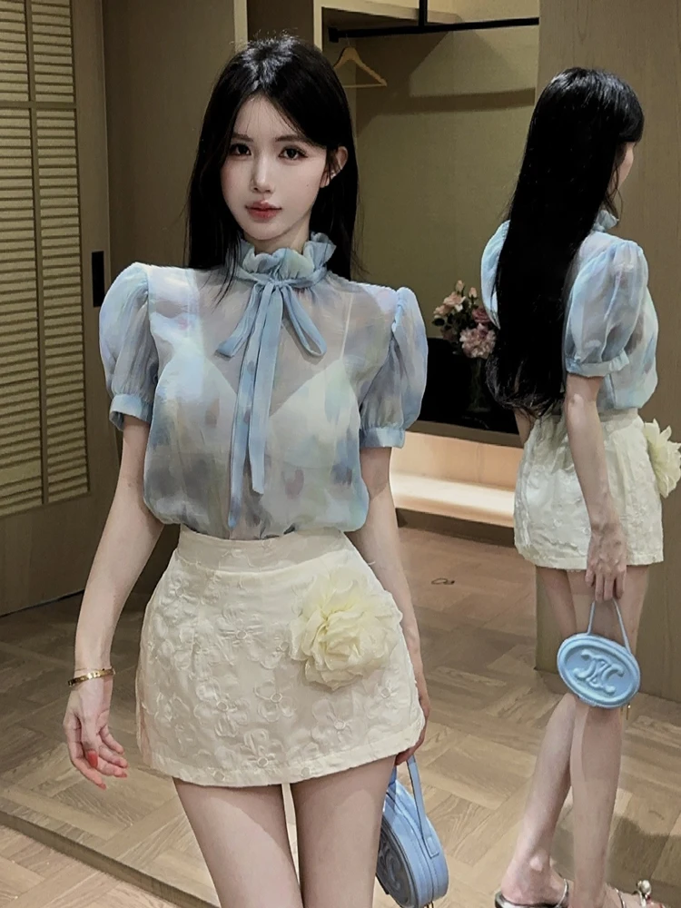 

Retro Sweet Date Print Bubble Sleeve Bow Tie Stand Collar Shirt Embroidered Wrap around Skirt Set Women's Fashion Summer Outfit