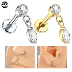 1/5PCS G23 Titanium Marquises with CZ Dangle Stud Earring Cartilage Helix Tragus Flat Back Lobe Earring Piercings Jewelry 16G