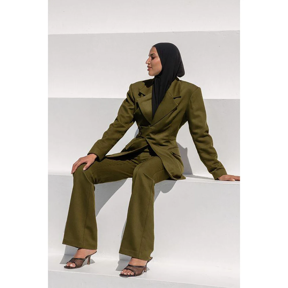 New Olive Green Fashion Women Pants Set High-end Female Two Pieces(Blazer+Trousers)أطقم بناطيل