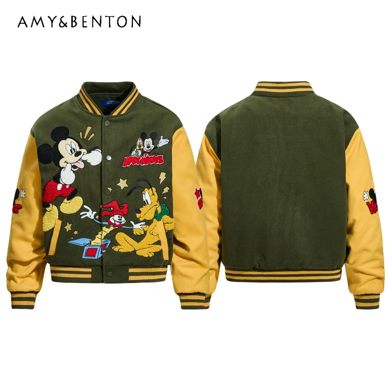 

American Retro Cartoon Playful Color-Block Heavy Embroidery Jacket for Men's And Women's Couples Winter Warm Fashion Cotton Coat