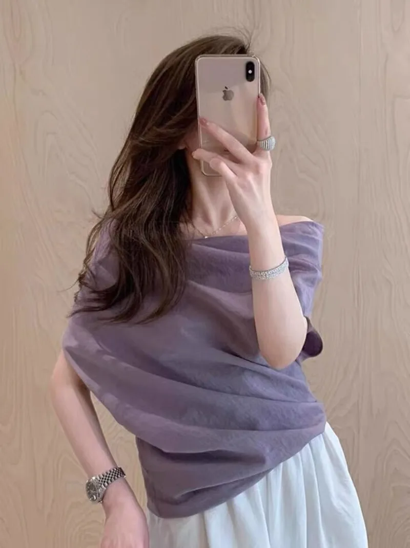 

Off Shoulder Short-sleeved T-shirt for Women's Summer French Style Slash Neck Irregular T-shirt Fashion Female Clothes