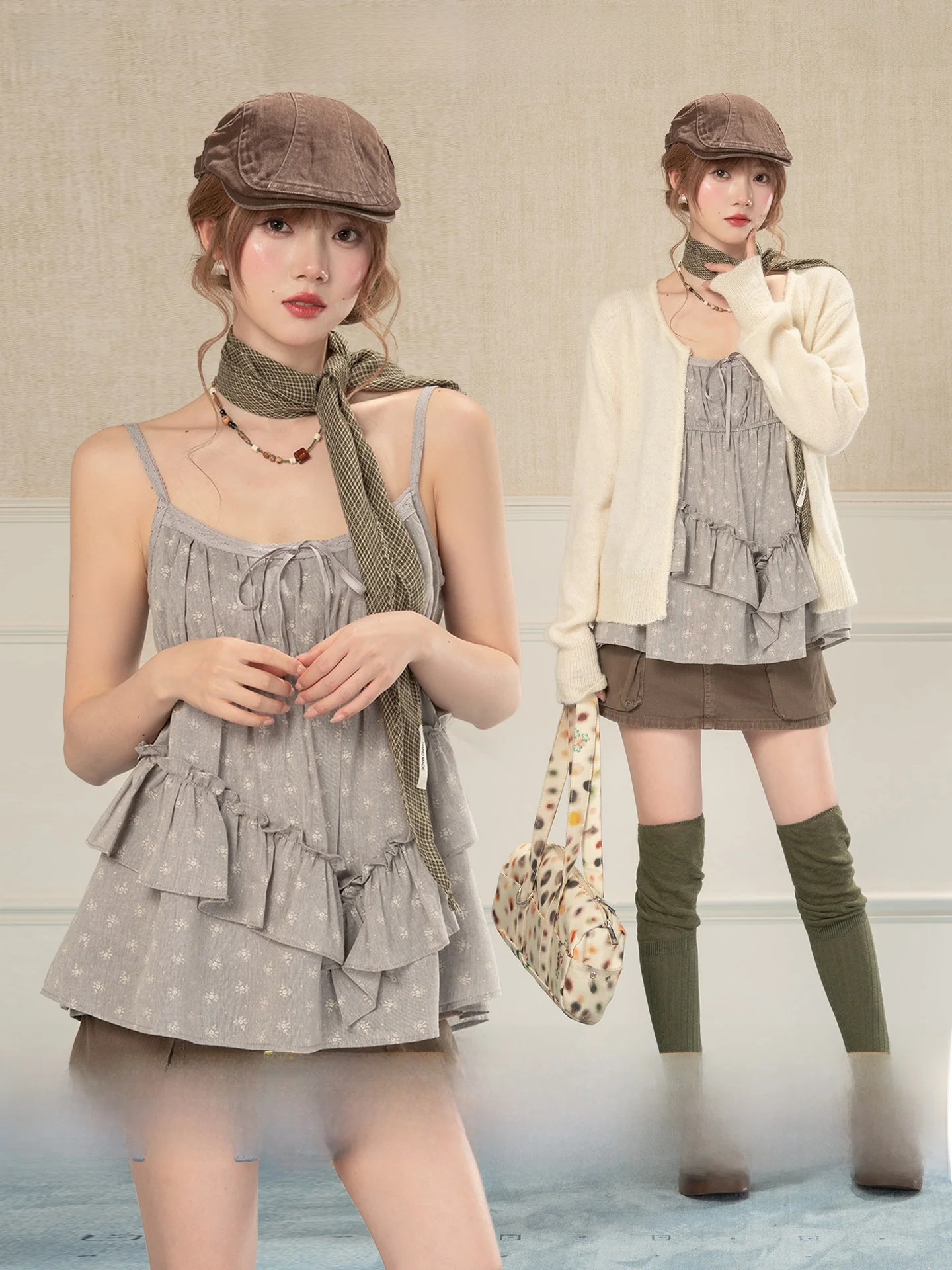 

Heynew Country Style Floral Print Asymmetrical Hem Strap Women Early Spring New Loose Versatile Top Cotton Sweet Style