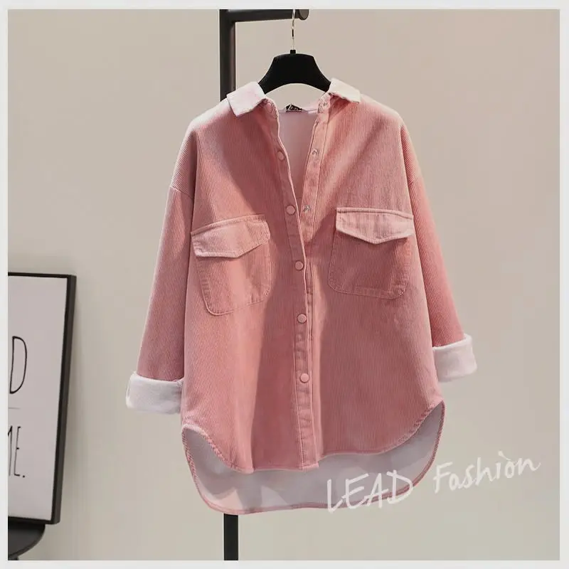 Women Fleece-Lined  Blouse Autumn Warm Long Sleeve Tops 2025 Winter Retro Solid Loose Shirt Female Work Tunic Blusas Mujer