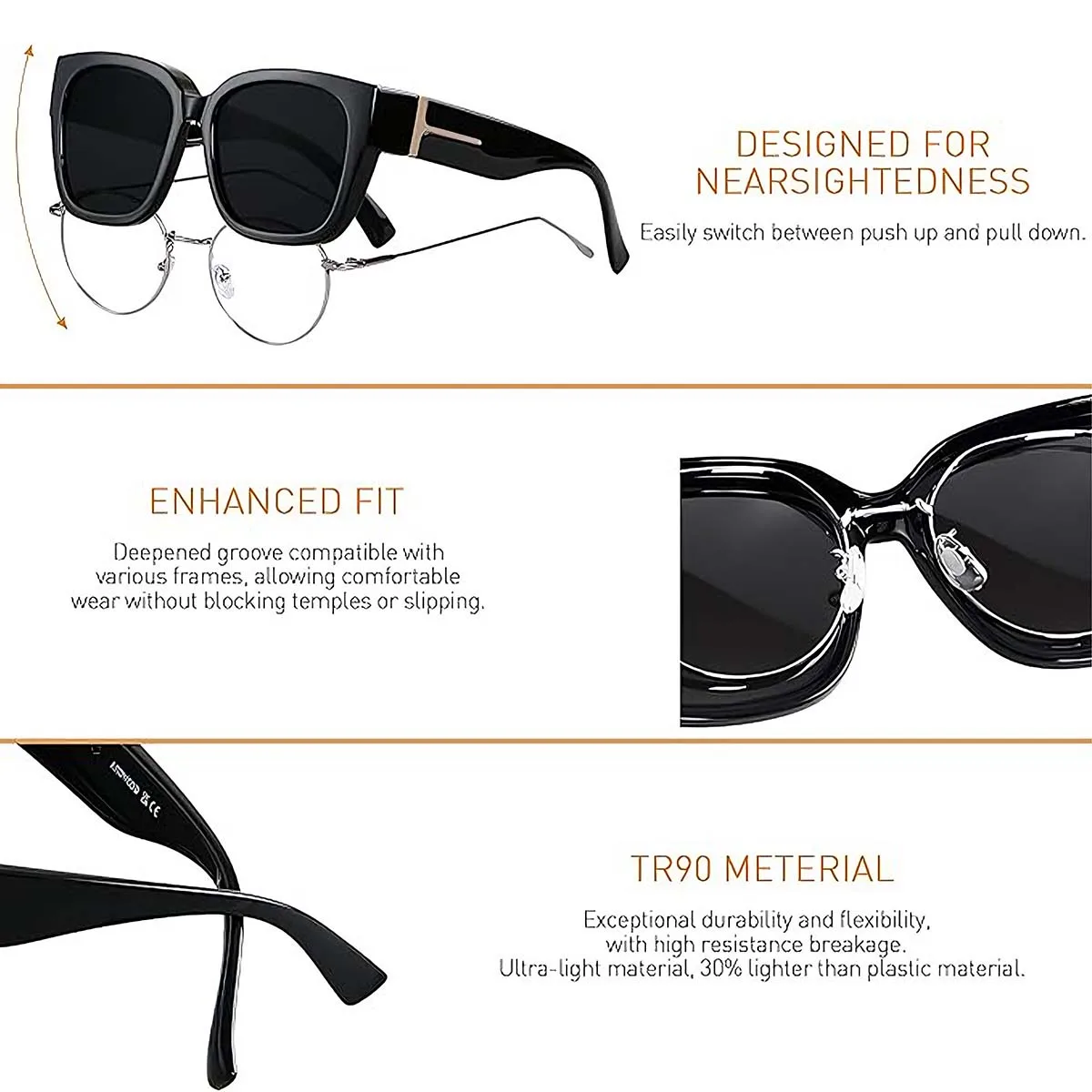 2 Stück leichte, übergroße Sonnenbrillen zum Überziehen für Damen und Herren, quadratisch, polarisierte Sonnenbrillen, UV400 T04 – Detail 8