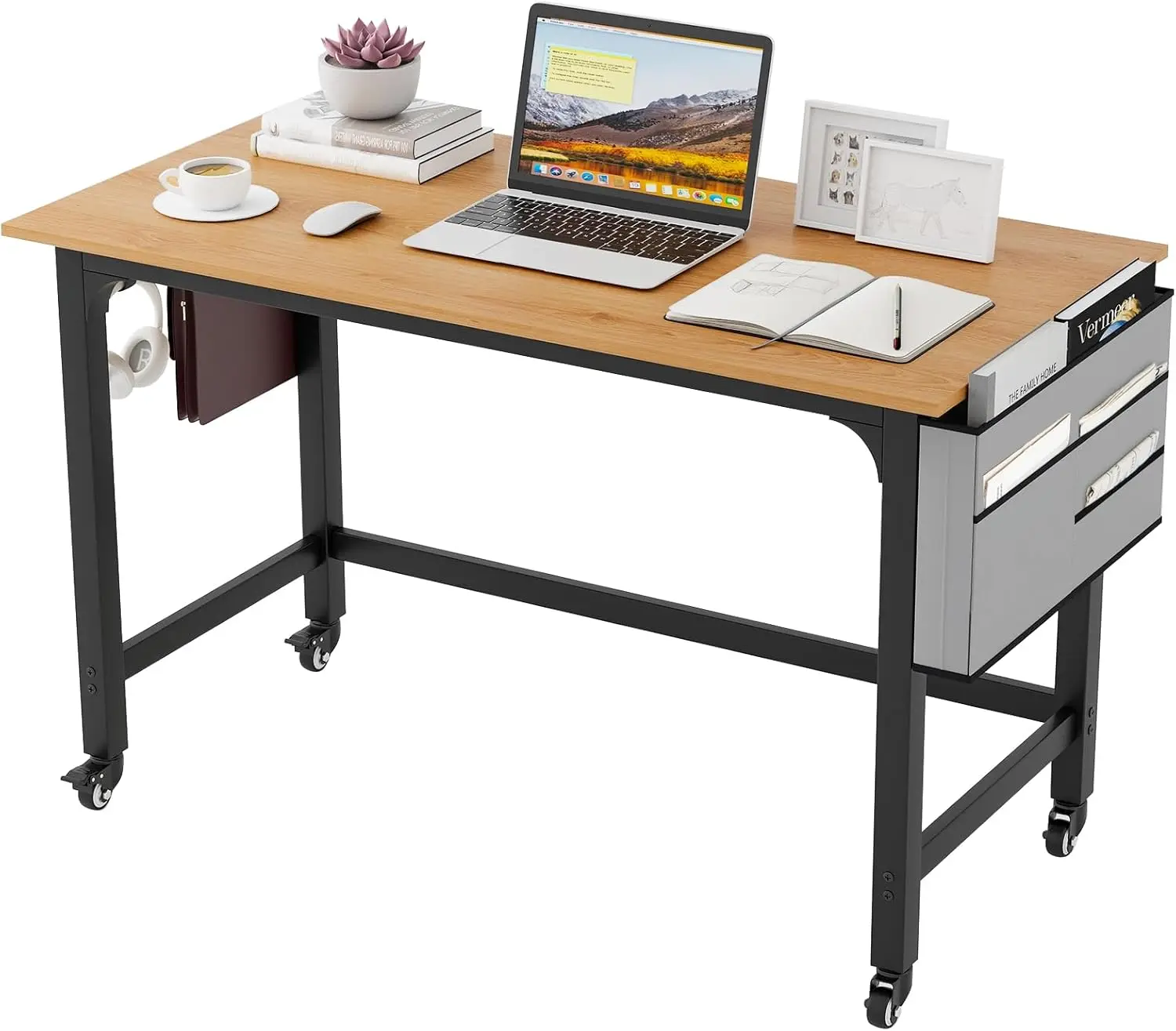 

48” Mobile Computer Desk With Storage Bag & 2 Hanging Hooks, Rolling Home Office Writing Study Desk, Rolling Pc Workstation