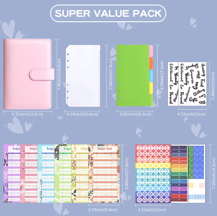 A6 Macaron PU Leather Detachable Notebook with Zipper Cover for Cash Budgeting Loose-Leaf Journal