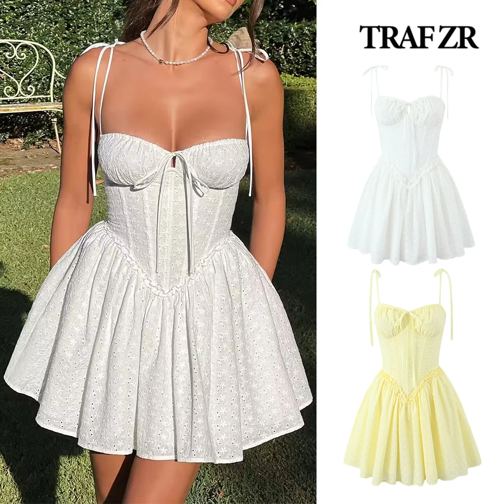 

TRAF ZR Elegant Chic A-line Short Dresses Summer Sexy Outfit Chest Detail Youth Beach Pleated Slip Dress Tonal Strap Tied Back