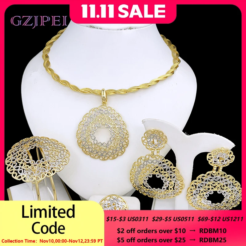 

Luxury Women Jewelry Set 18K Gold Plated Elegant Two Tone Big Drop Earrings Accessories Necklace Ring Bracelet Dubai Set Jewelry