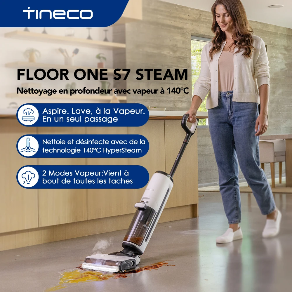 Tineco Floor One S7 Steam Nettoyeur de Sols sans-Fil, Balai Vapeur pour Saletés Collantes sur Sols