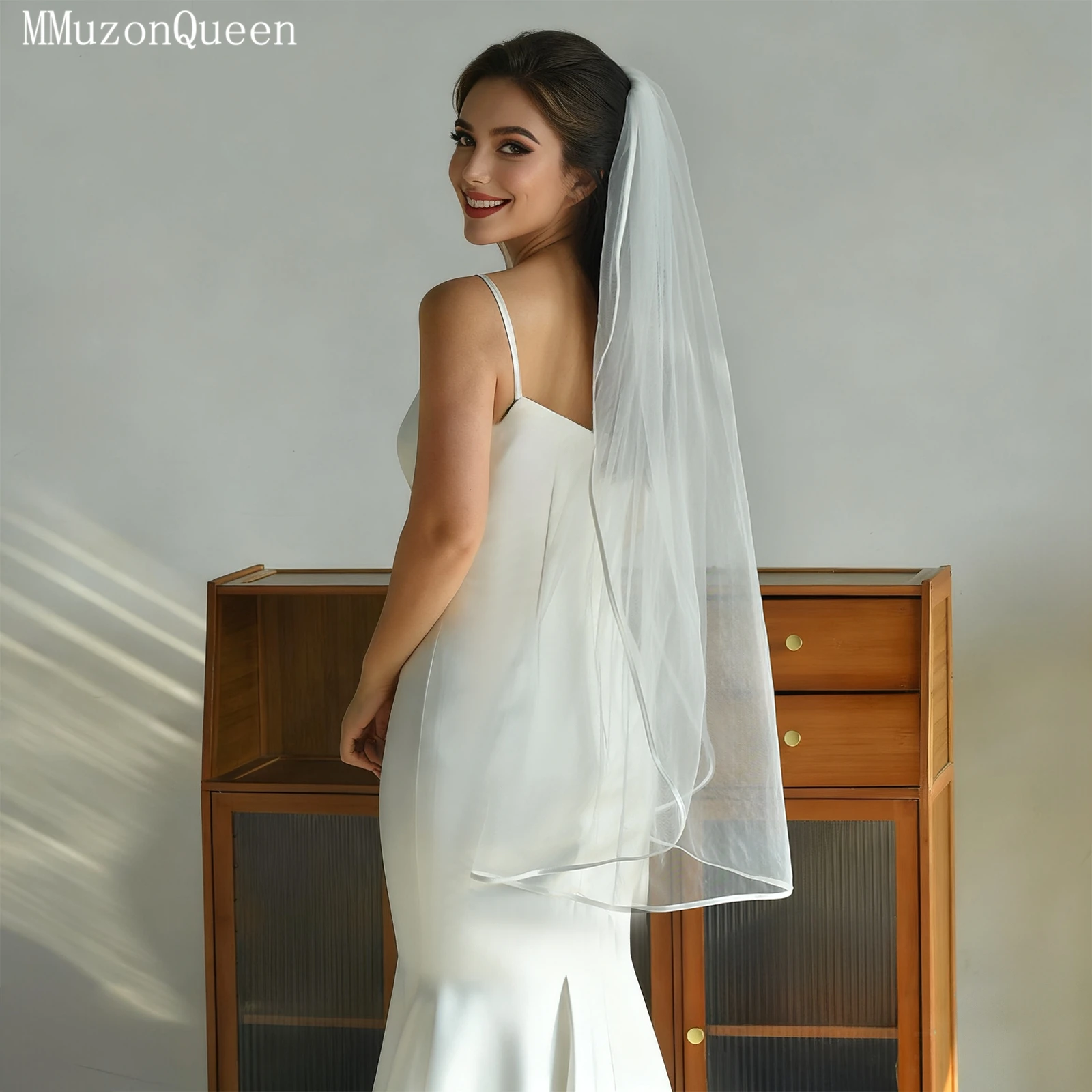 

TOPQUEEN V21 Свадебная фата с лентой по краям, фата белого цвета слоновой кости, свадебная фата, аксессуары для фотосессии, соборная фата, настраиваемая