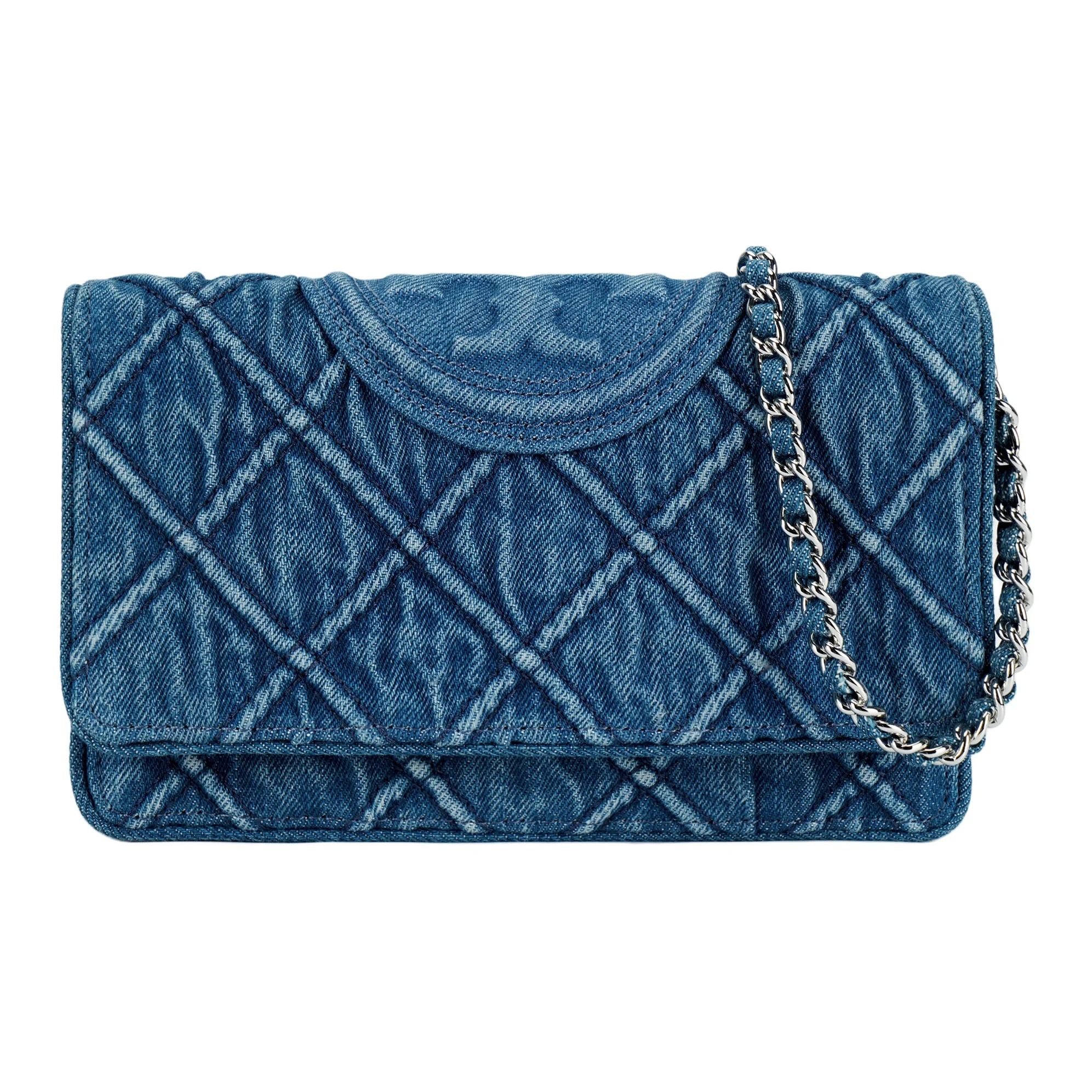 Bolsa de Ombro Tory Burch Fleming em Denim com Couro Nappa, Bolsa Transversal, Carteira Feminina Azul 158819-426