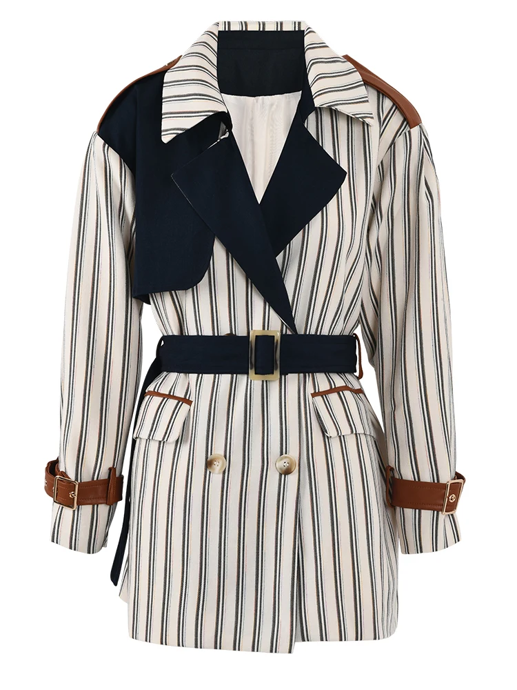 LANMREM Striped Contrast Color Spliced Windbreaker Women Fashion Belt Gathered Waist Mid Length Coat 2024 Autumn New 2AA3100