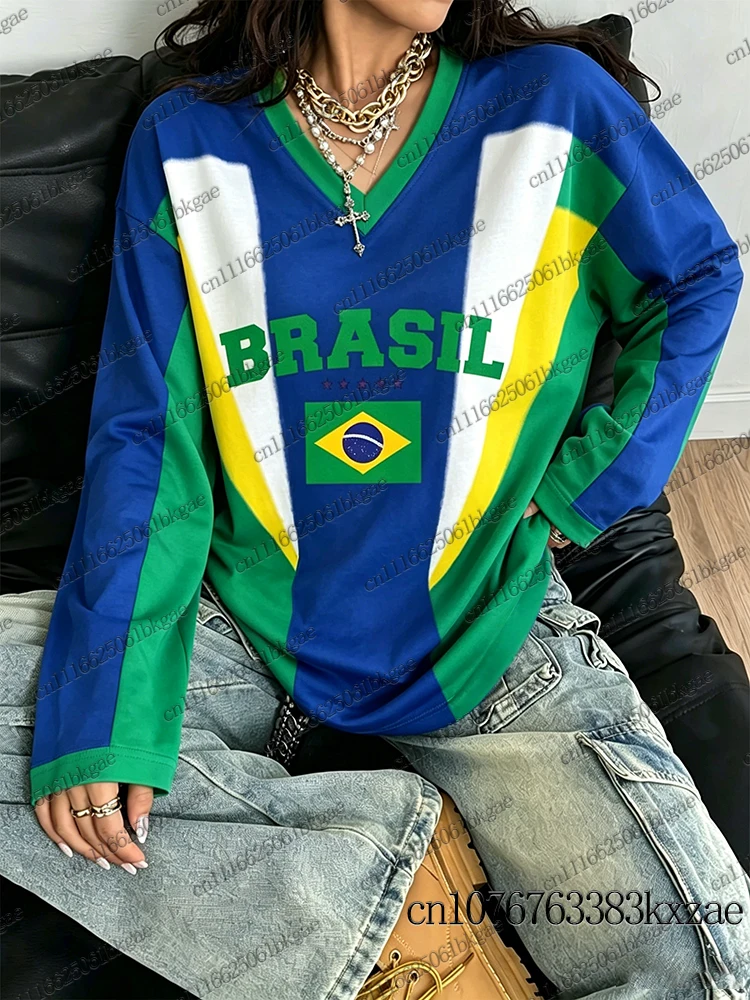Fall Winter New Vintage Brazil Print Women V-Neck Tshirt Casual Long Sleeve Sports Tees Football Jersey Y2K Loose Oversized Tops