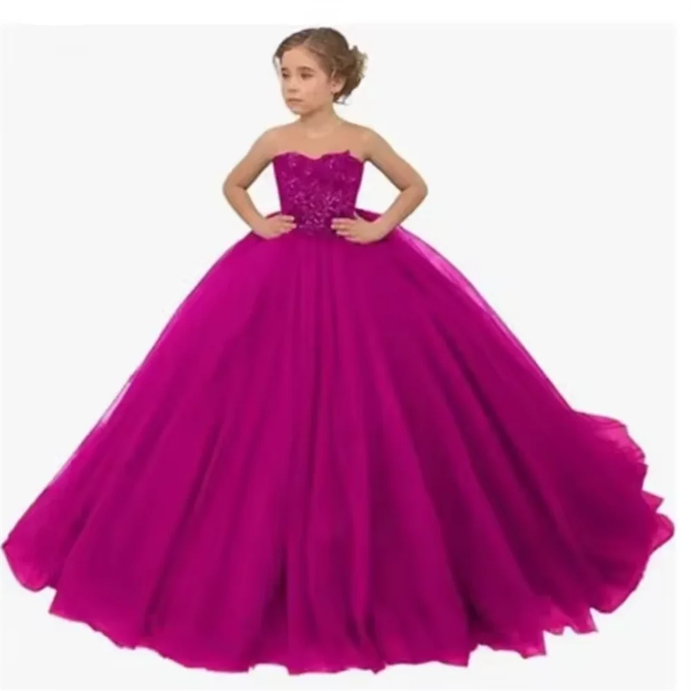 Blumenmädchenkleid Blau für Hochzeit Baby Prinzessin Ballkleider Spitzenapplikationen Schulterfrei Wunderschönes Abendkleid