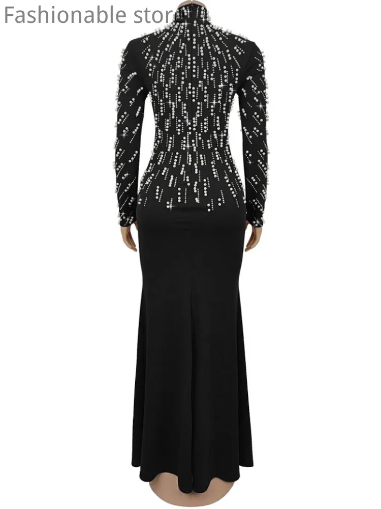 Damska seksowna sukienka imprezowa z długim rękawem w jednolitym kolorze, zdobiona koralikami i cyrkoniami