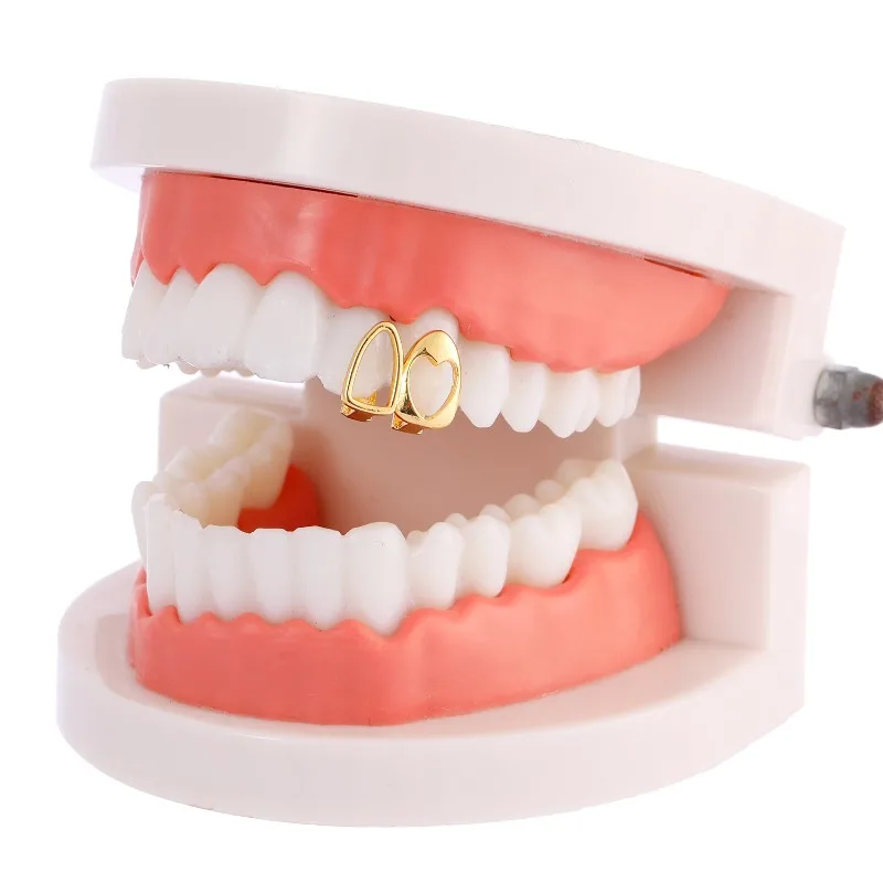 Conjunto de grelha de dentes hip hop, 2 peças, design oco dourado e prateado, decoração de lacuna de dente com padrão de amor, joias para uso diário de festa