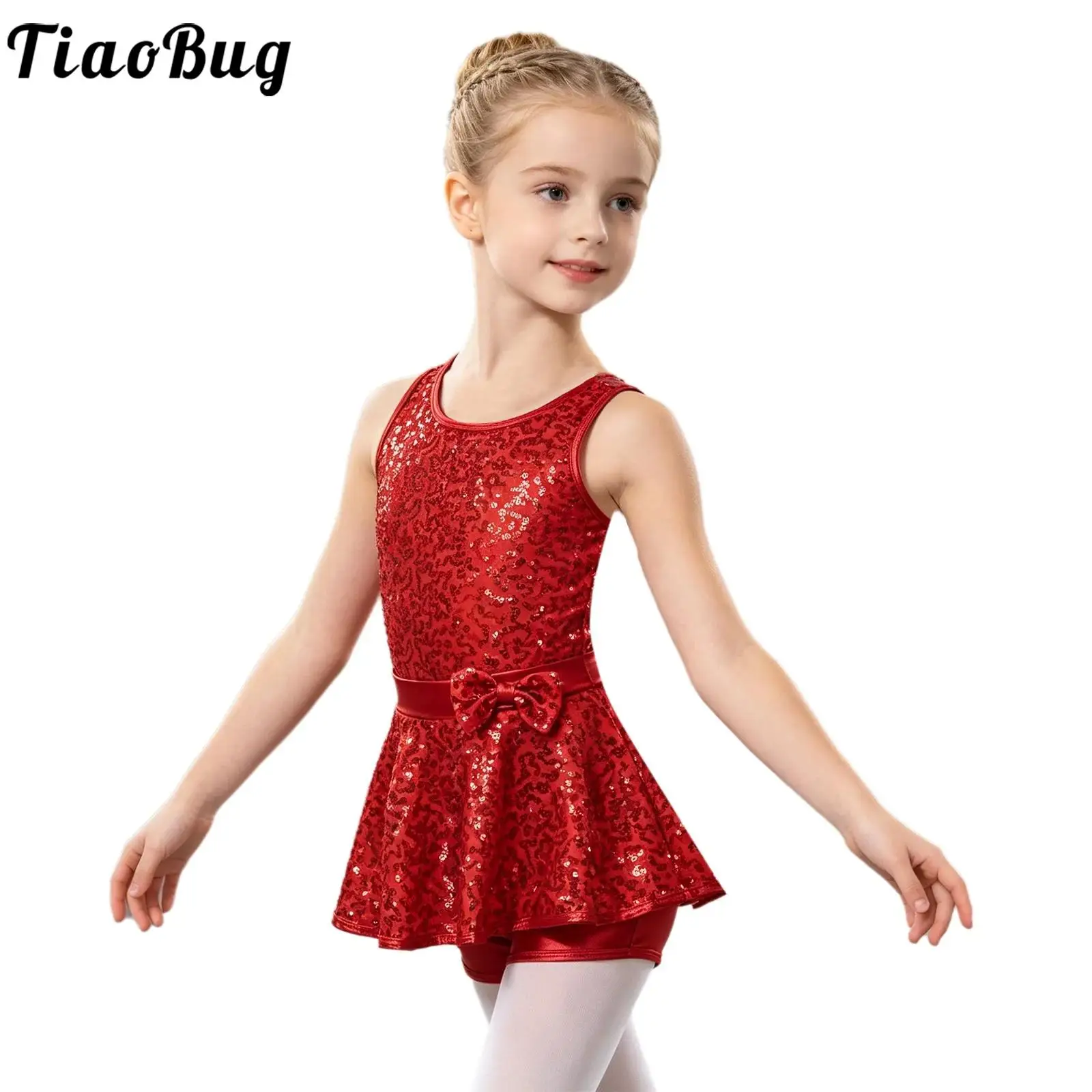 Kids Girls Jazz Ballet Dance Dress Leotard Sleeveless Shiny Sequins Shorty Unitards Figure Skating Gymnastics Modern Dancewear