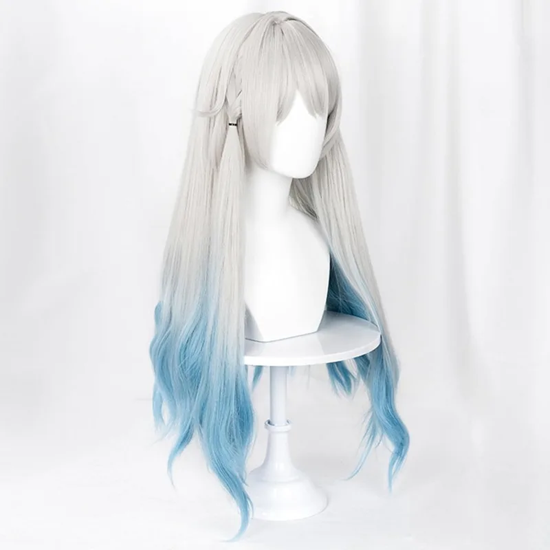 لعبة شعر مستعار Honkai Star Star Firefly ، شعر مستعار طويل متموج مع الانفجارات للهالويين ، عرض هزلي ، شعر أبيض وأزرق