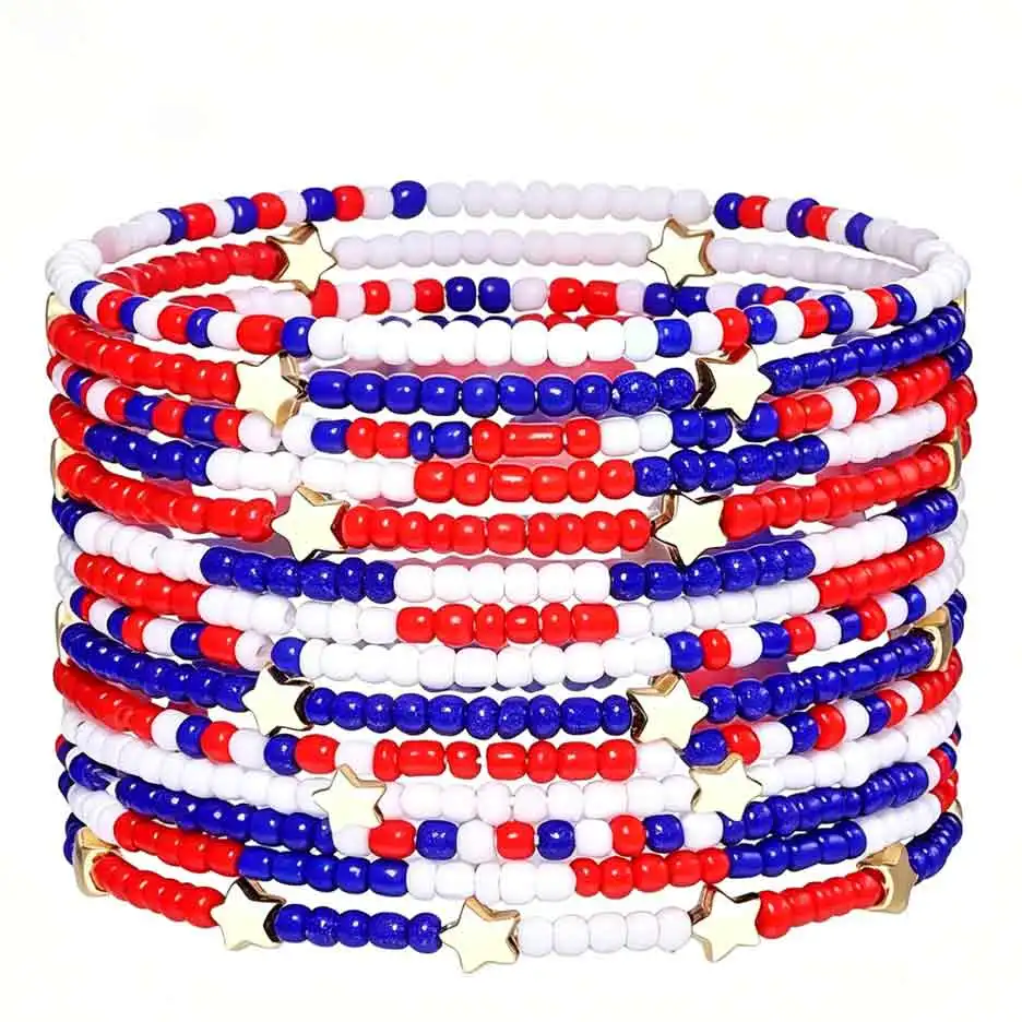 Pulseras Apilables con Cuentas Rojas, Blancas y Azules para Mujer, Juego de Pulseras con Dijes de Estrellas de la Bandera Americana, para el 4 de Julio, Día de la Independencia