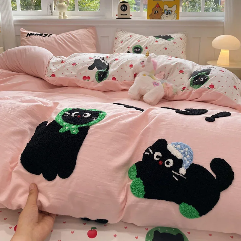 

Cute Cat Bedding Set For adults kids Brown pink Lovely Bed Sheet set With Pillowcases Colorful King Queen Full size