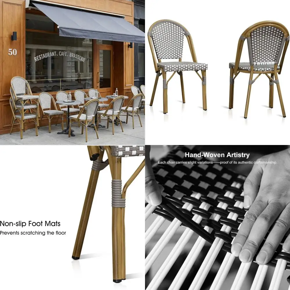 

Набор из 2 плетеных стульев для бистро ручной работы во французском стиле, серый бамбуковый принт, подходит для столовой в помещении и на открытом воздухе