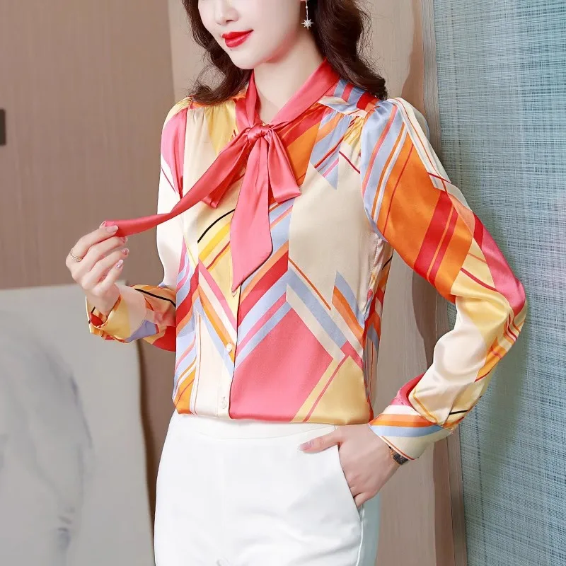 FANIECES Elegant Bow Tie Satin Women Shirts Luxury Colorful Print Spring Autumn Long Sleeve Blouses Tops Office Ladies Blusas