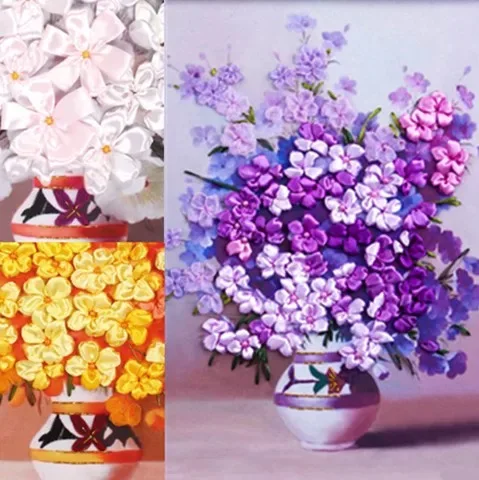 

3pcs/set DIY Ribbon Cross Stitch Kit Needlework Embroidery Set Vase Flower Love Floral Painting Wall Home Decor