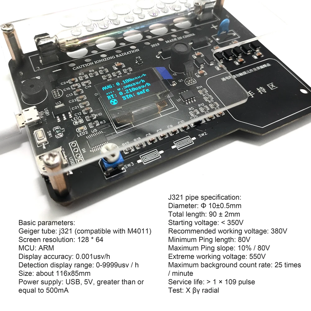 DIY Geiger Counter Kit Assembled Module Nuclear Radiation Detector X γ β rays Iodine 131 Detecting OLED Display Radiation Tester