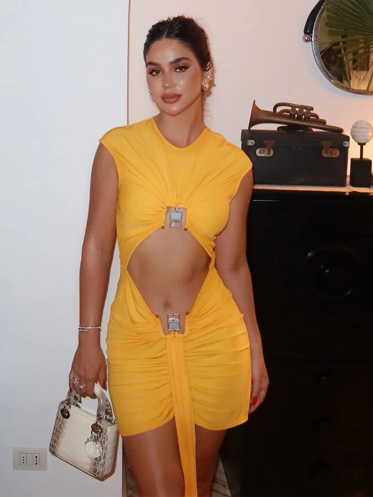 

Желтое плиссированное мини-платье женское, сексуальное, с коротким рукавом, с вырезами, облегающее, с однотонной лентой и шнуровкой, 2026