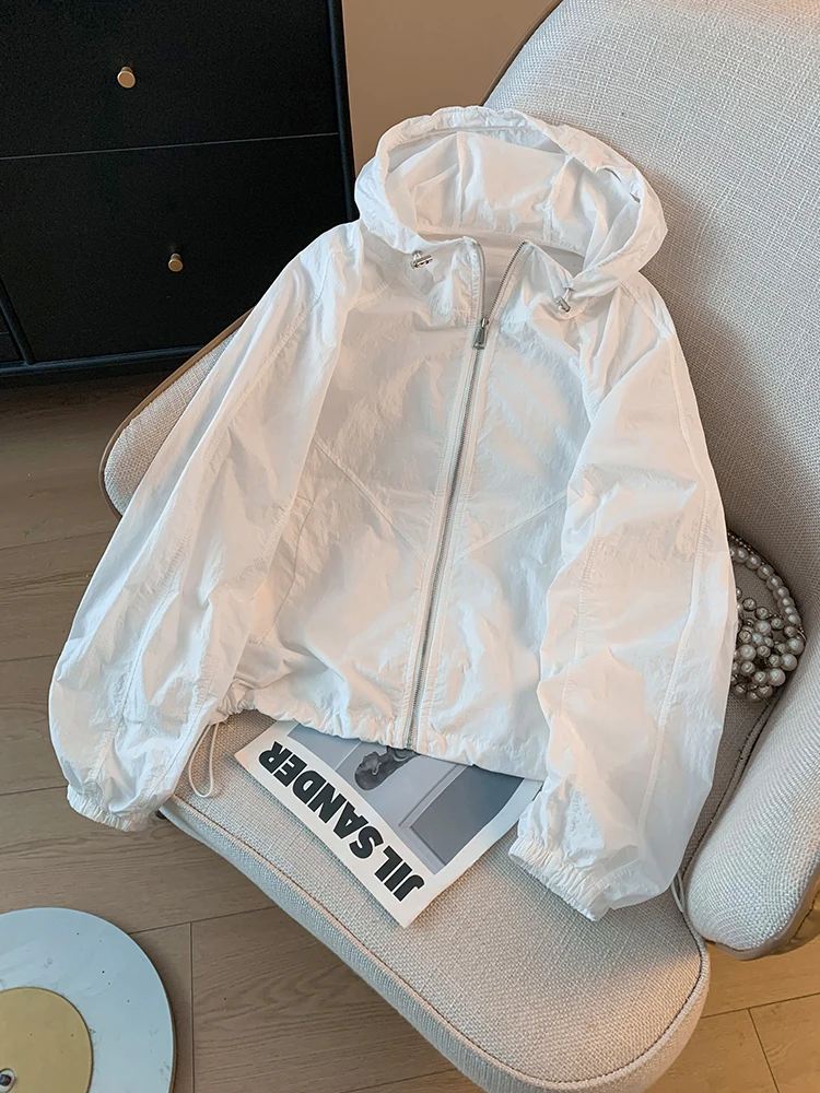 

Легкая свободная женская белая верхняя одежда с капюшоном и защитой от ультрафиолета Faionable Commute Sle Zipper ket Detail Qui Dry