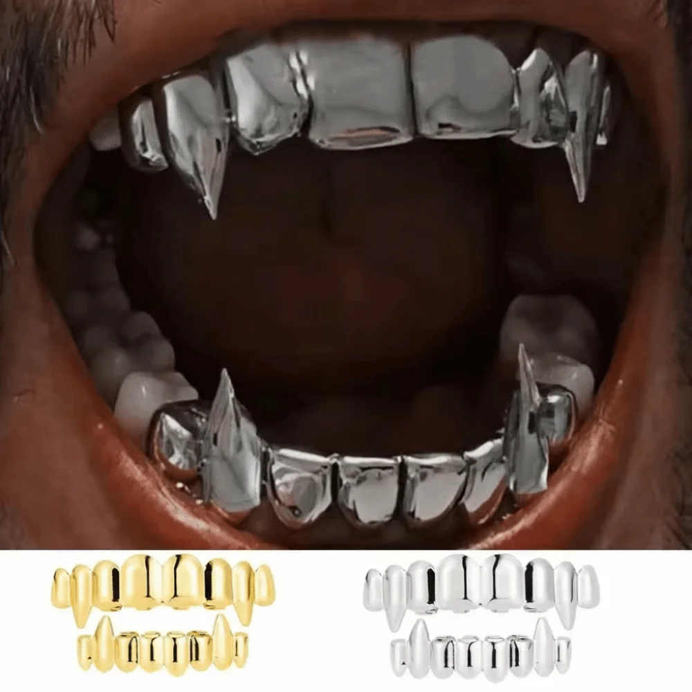 Fashion Hip Hop Teeth Grillz Top Bottom Set 18K Gold 8/8 Fangs Glossy Teeth Anti Slip Shiny Teeth Jewelry For Women Men