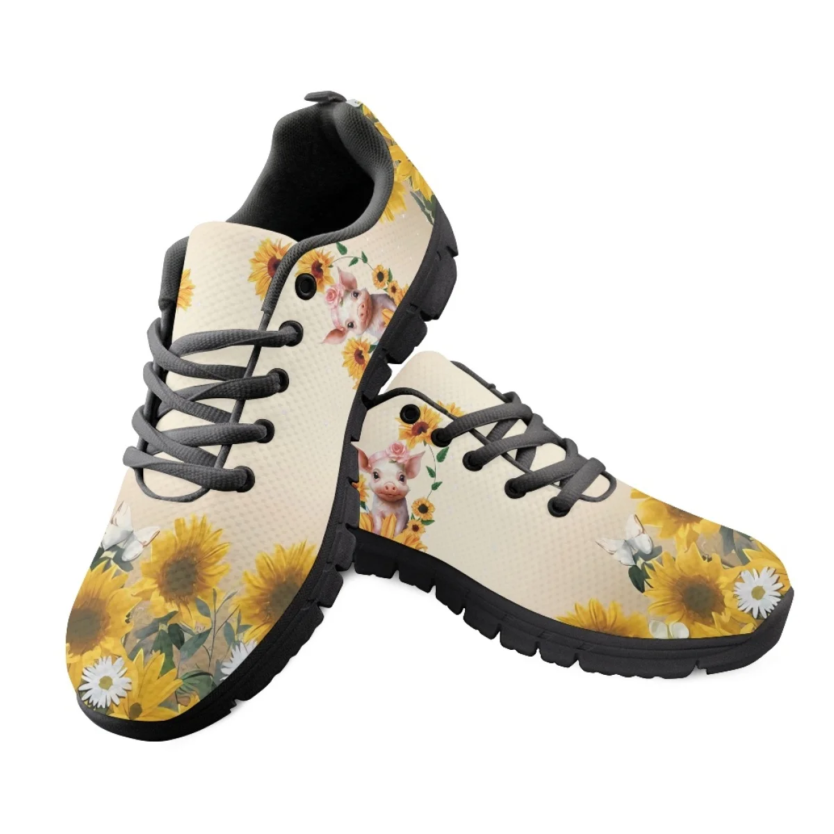 INSTANTARTS Cute Sunflower Little Pig Design Casual Sneakers Non-Slip Sport Shoes Comfort Shockproof Walking Flats for Women Hot