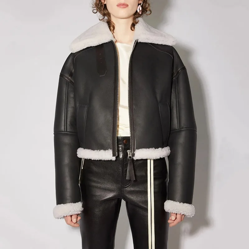 

Women Turn-Down Collar Long Sleeve Patchwork Leather Jacket