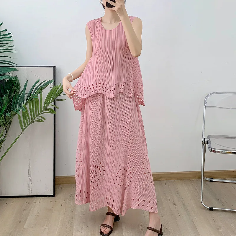 miyake pleated half skirt + vest fashion set Women's summer loose pleated top skirt two-piece set