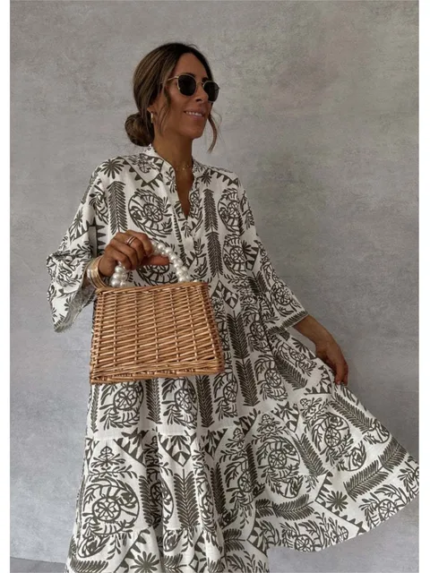vestidos midi bohemios holgados con cuello v y manga 3/4