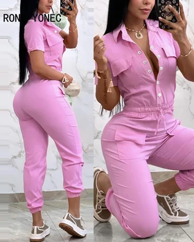 נשים 2024 מוצק להפוך את צווארון המותניים אלסטי שרוך מוסתרים כפתור רב כיסים קצרים