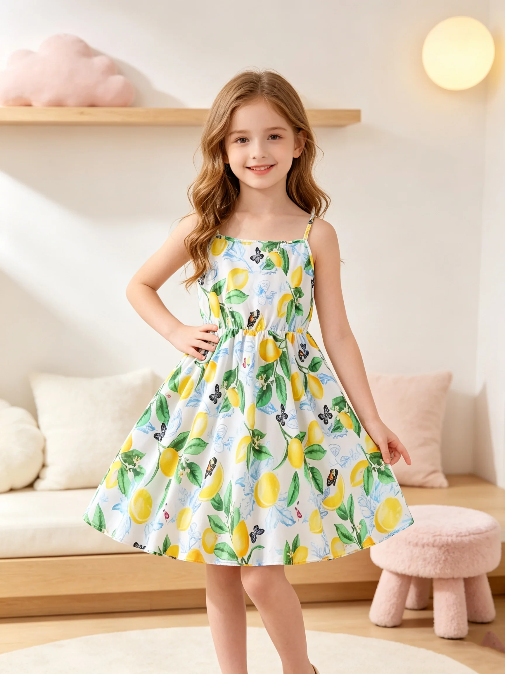 Summer Lemon Butterfly Print Casual Sleeveless Dress Slim Shoulder Strap Slightly Elastic Pleated Hem Women's Fashion Dress