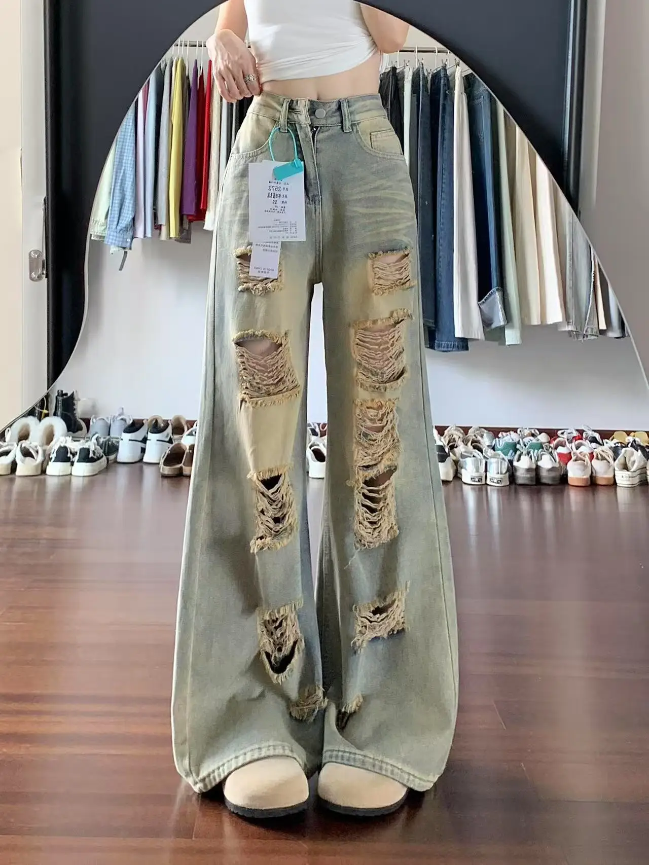 

Выцветшие джинсы с широкими штанинами в стиле ретро, женские свободные утягивающие драпированные прямые длинные брюки с высокой талией, осенние новые брюки