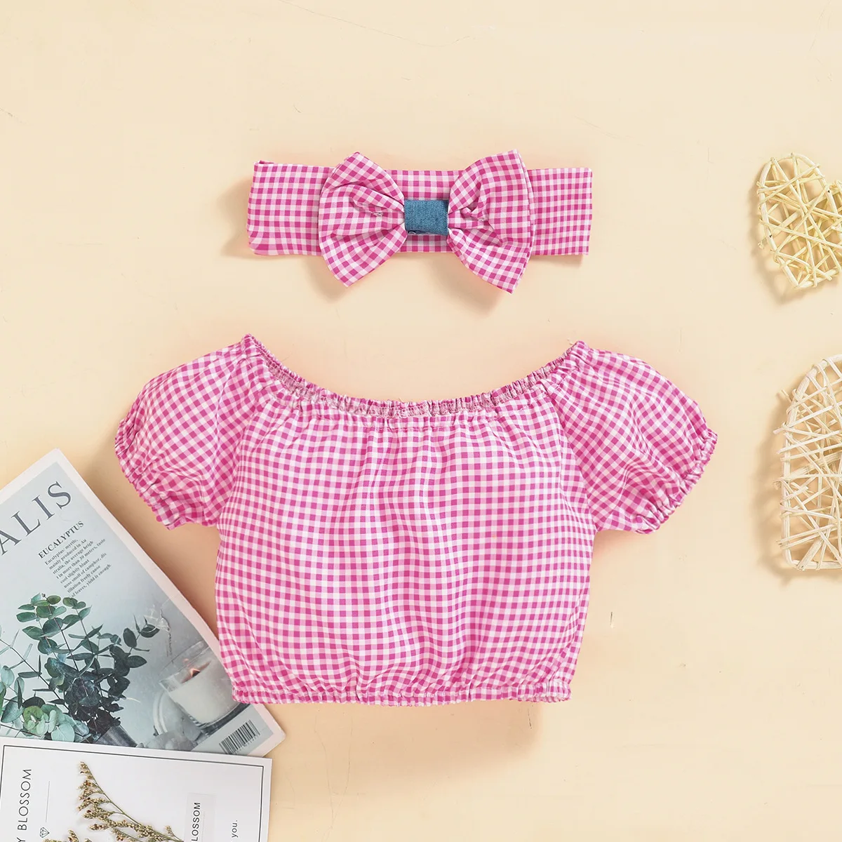 Summer New Baby Girl Plaid Short-Sleeved Top Denim Triangle Bag Bodysuits + Headscarf Romper Clothes Three-Piece Sets