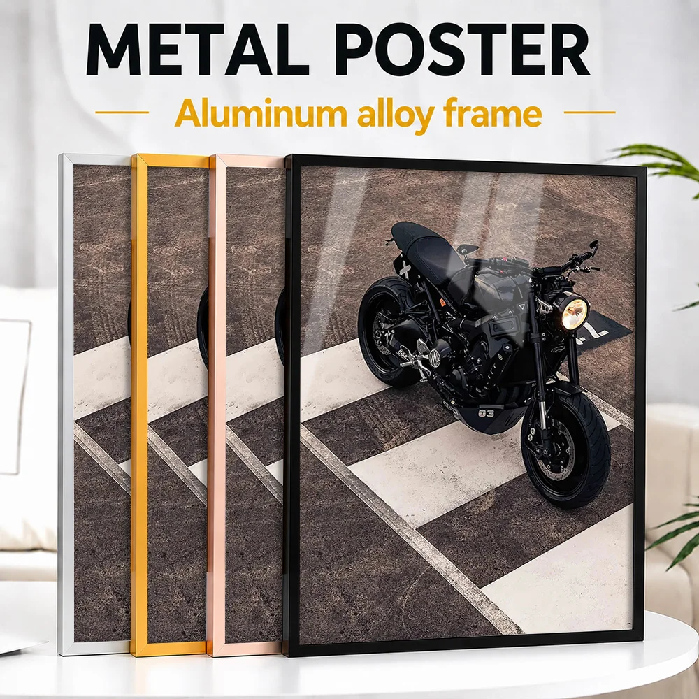 Black Motorcycle On Track Framed Metal Print Customized Photo Neon Street Style Wall Art For Collector Room Memorable Fan Gift