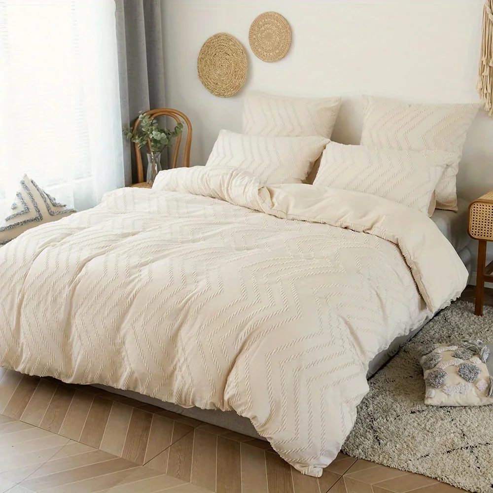 2pcs/3pcs Wave Tufted Design Duvet Cover Set for All Seasons Queen Size Comfortable Soft Comforter Cover Bedding Set for Bedroom