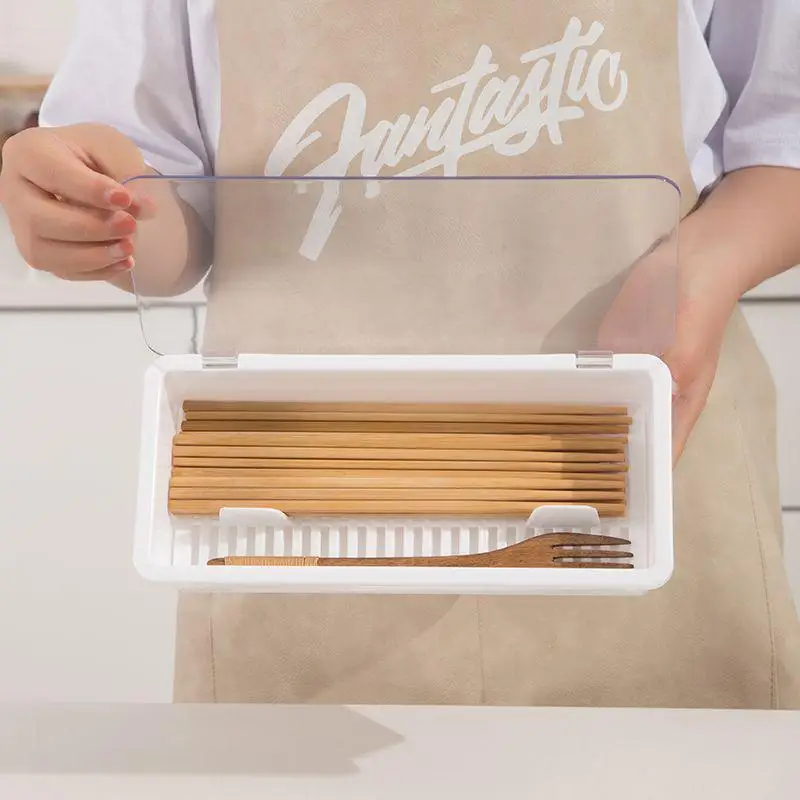 Drainable Kitchen Tableware Storage Box with Removable Drip Tray Covered Chopstick Spoon Holder for Kitchen Countertop