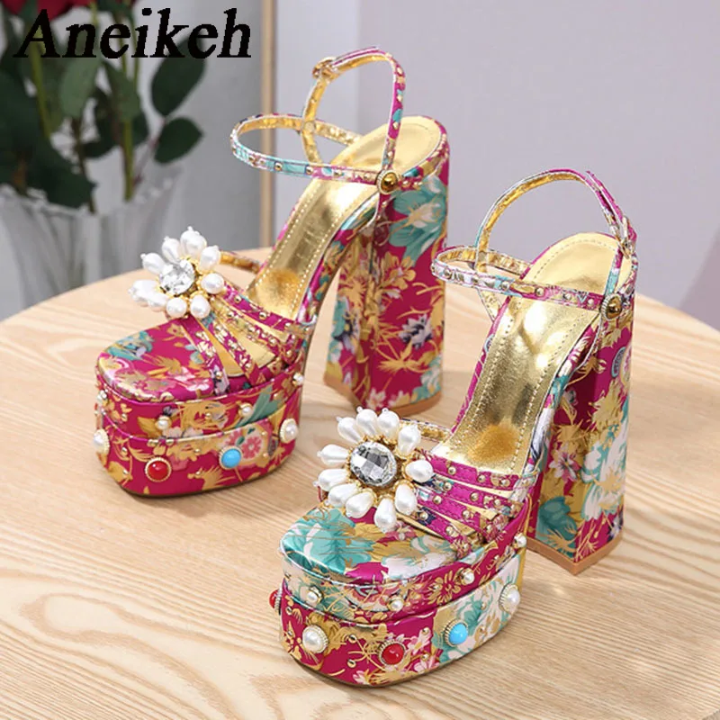 

Aneikeh2024 Shiny Diamond Pearl Flower Buckle Decor Super High HeelsWomen Silk Print Thick Heel Buckle StrapSandal Wedding Dress