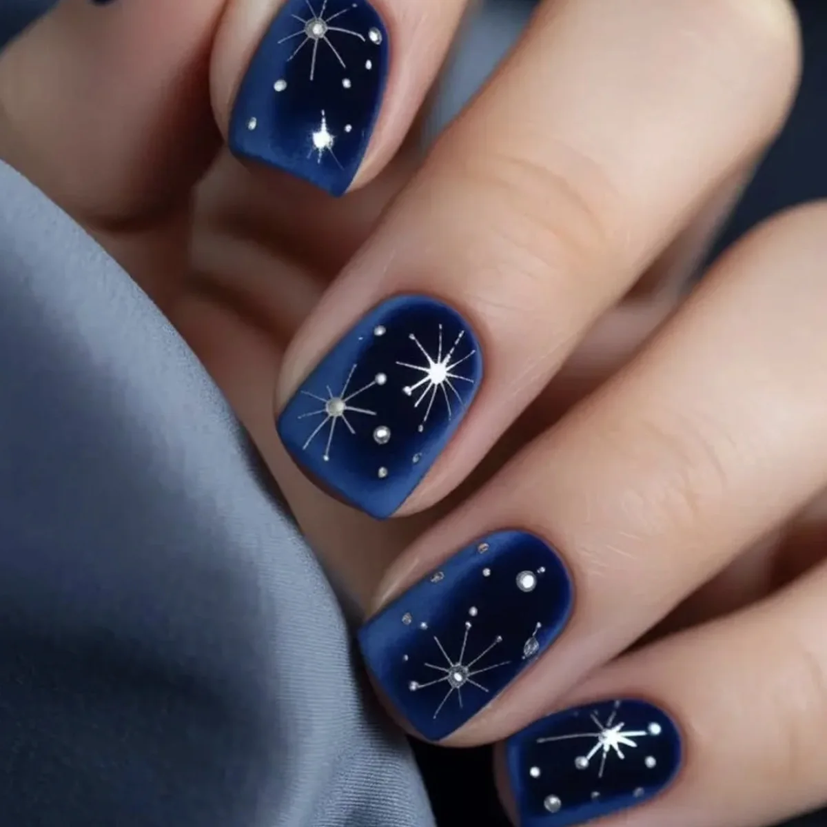 Uñas postizas cortas y medianas, degradado morado y azul, puntas cuadradas con estrellas doradas y plateadas, uñas postizas con efecto estrellado.