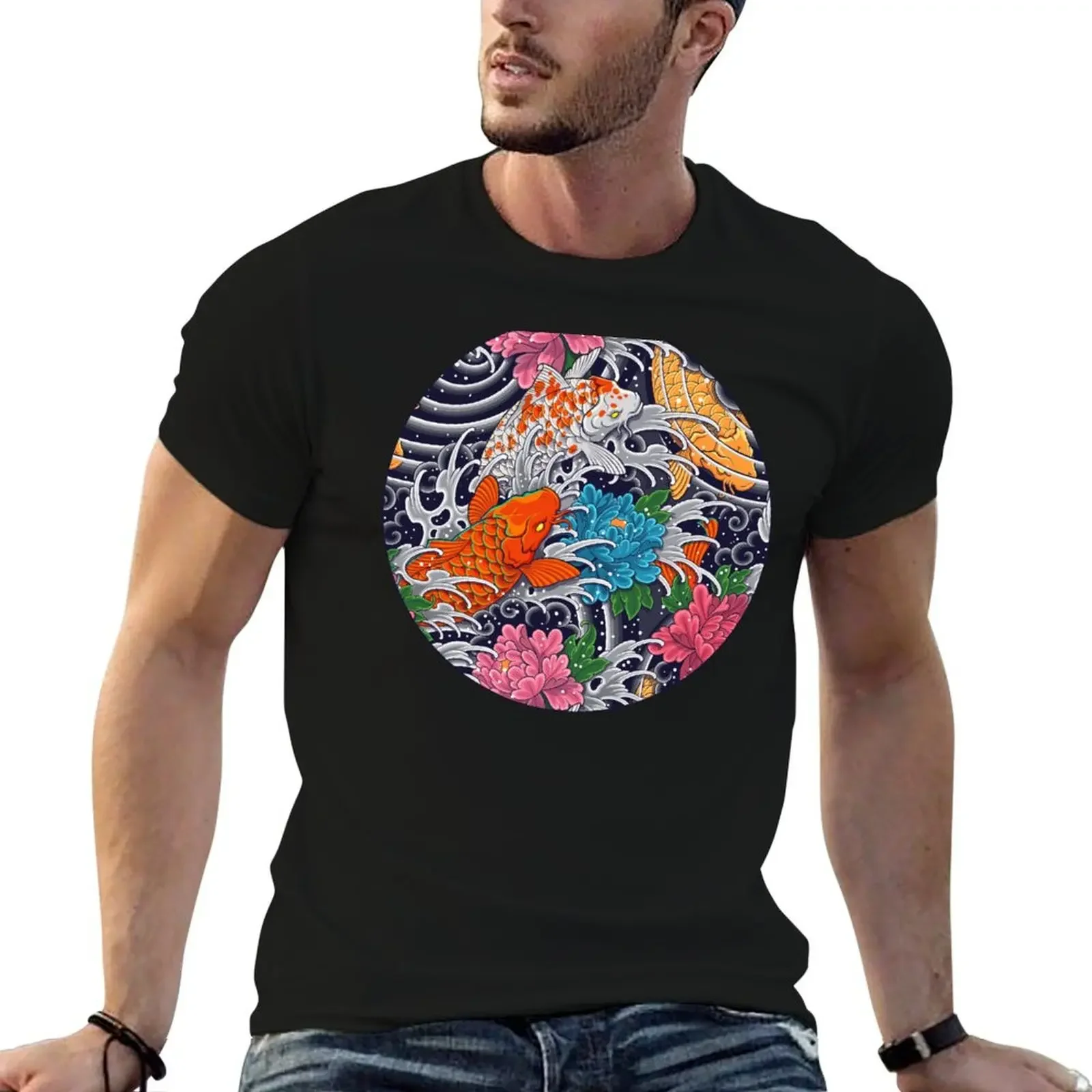 Koi Fish and Floral Pattern T-Shirt blue archive for a boy blacks mens designer t shirt