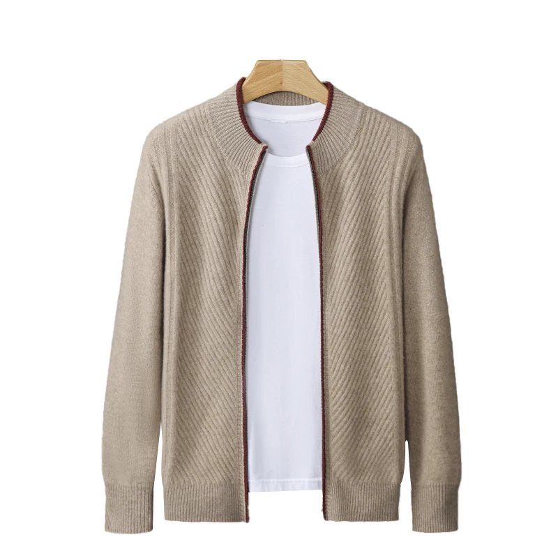 100% Pure Wool Cardigan Men'S Half-Turtleneck Color-Blocked Ribbed Knit Jacquard Pattern Warm Sweater Top