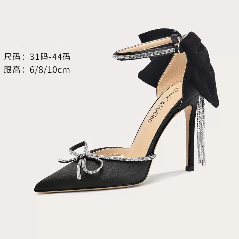 Spring and summer new pointy satin rhinestone tassel bow sandals stiletto banquet dress large and small women's single shoes